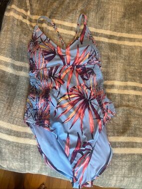 Jessica Simpson Blue Floral One-Piece Swimsuit with Pink and Purple Accents